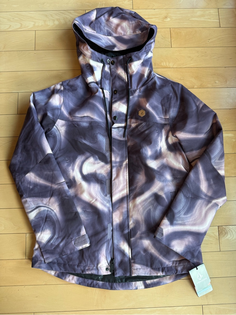Volcom Hooded Ski Jacket in Purple and Cream Swirl